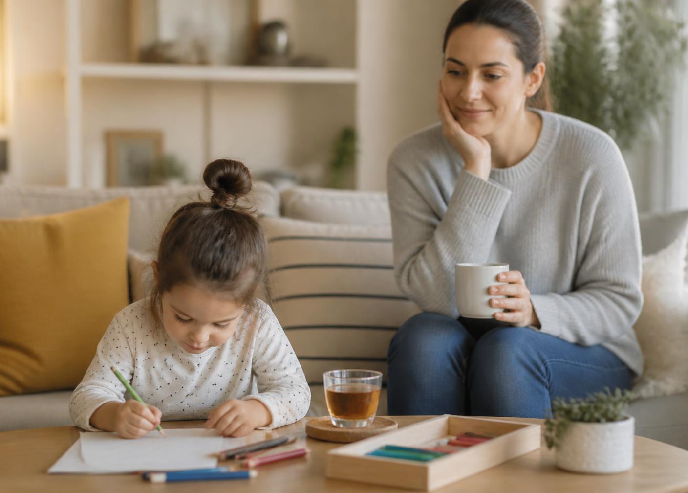 A parent nearby while a school-age child works independently at a table.