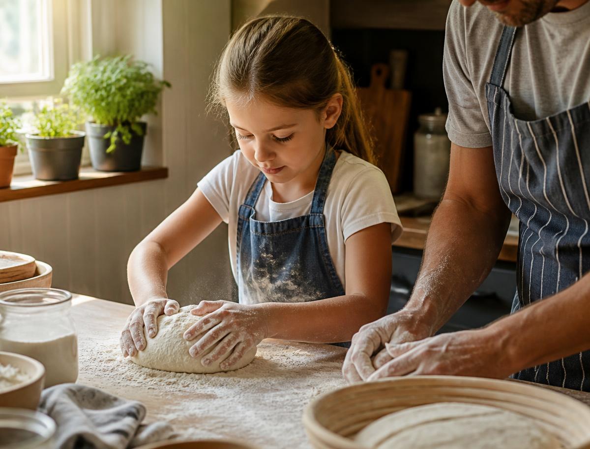 A child shaping dough during a hands-on activity at a kitchen counter.